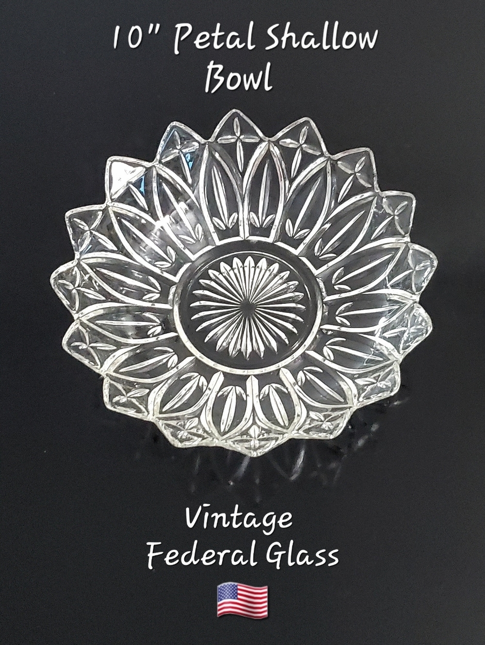 Vntg 10" Petal Clear Shallow Bowl by Federal Glass